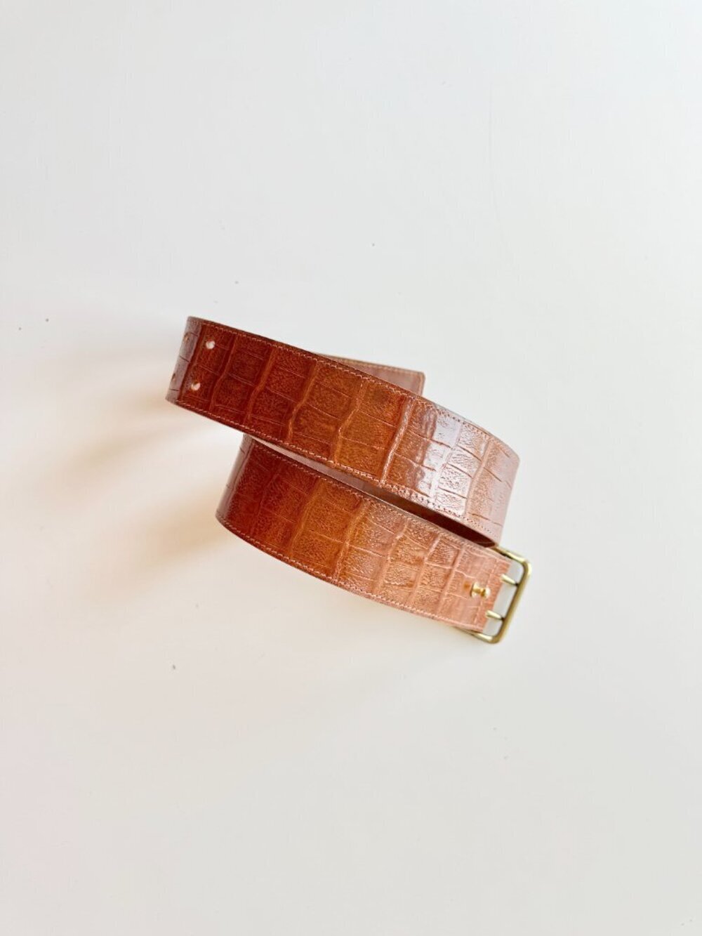 ARTHUR MENDONCA Brown Croc Embossed Leather Wide Waist Belt, Size 32/S